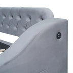 Lit de repos jumeau en velours beige/gris avec tiroirs de rangement et ports USB – 1 personne