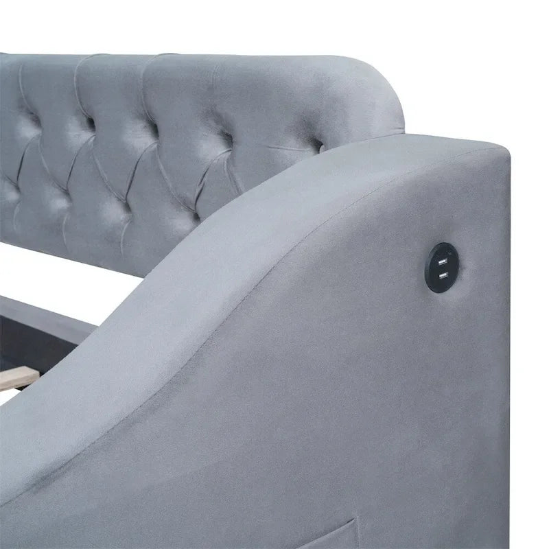 Lit de repos jumeau en velours beige/gris avec tiroirs de rangement et ports USB – 1 personne