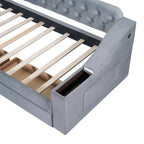 Lit de repos jumeau en velours beige/gris avec tiroirs de rangement et ports USB – 1 personne