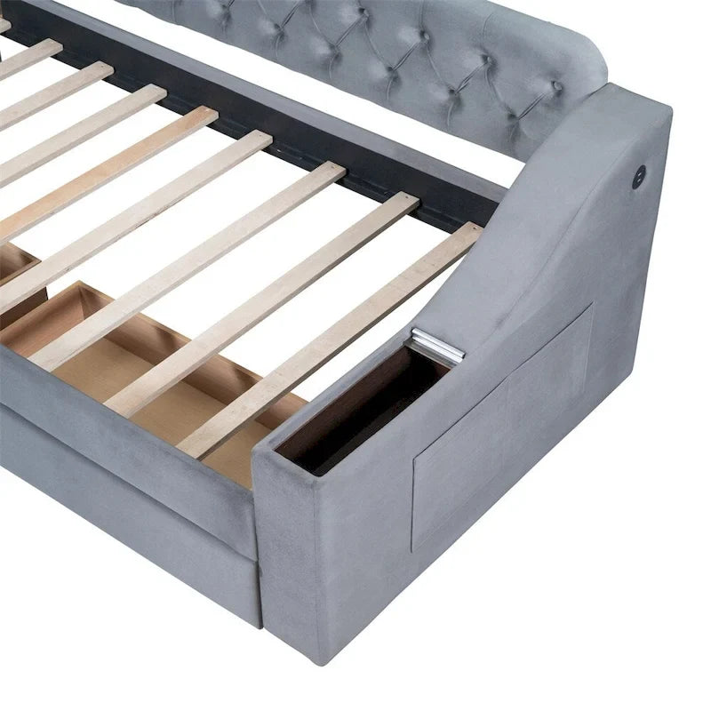 Lit de repos jumeau en velours beige/gris avec tiroirs de rangement et ports USB – 1 personne