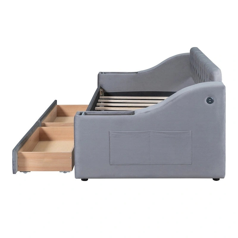 Lit de repos jumeau en velours beige/gris avec tiroirs de rangement et ports USB – 1 personne