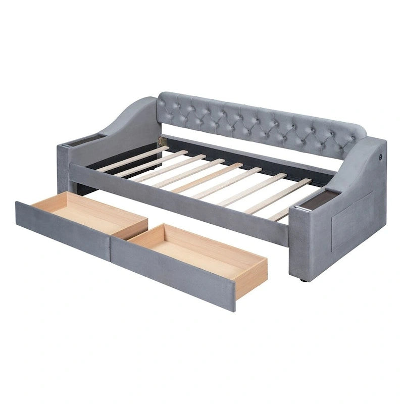 Lit de repos jumeau en velours beige/gris avec tiroirs de rangement et ports USB – 1 personne
