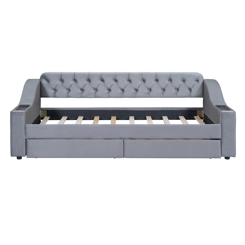 Lit de repos jumeau en velours beige/gris avec tiroirs de rangement et ports USB – 1 personne