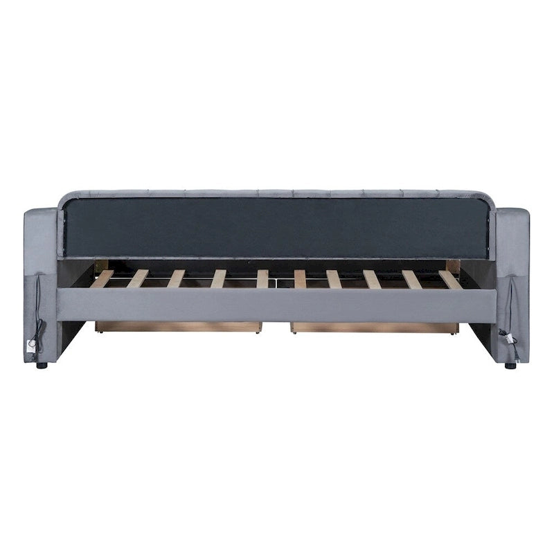 Lit de repos jumeau en velours beige/gris avec tiroirs de rangement et ports USB – 1 personne
