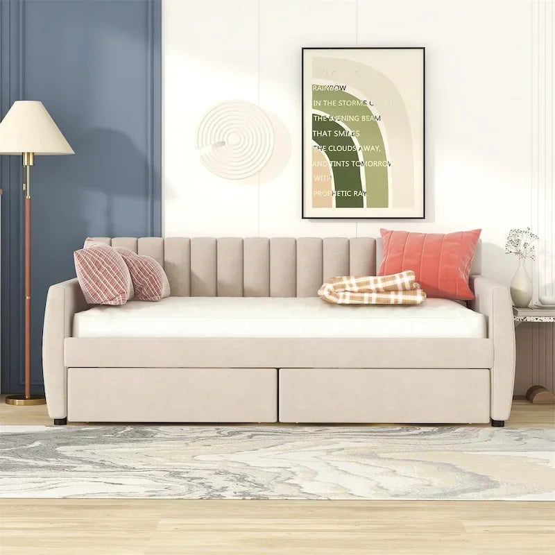 Lit de repos capitonné gris/beige avec 2 tiroirs – Jumeau/Double, 1-2 personnes