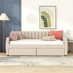 Lit de repos capitonné gris/beige avec 2 tiroirs – Jumeau/Double, 1-2 personnes