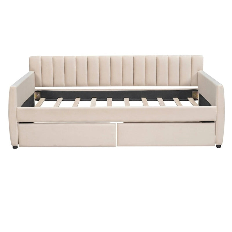 Lit de repos capitonné gris/beige avec 2 tiroirs – Jumeau/Double, 1-2 personnes