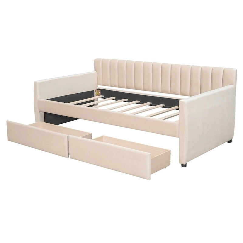 Lit de repos capitonné gris/beige avec 2 tiroirs – Jumeau/Double, 1-2 personnes