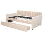 Lit de repos capitonné gris/beige avec 2 tiroirs – Jumeau/Double, 1-2 personnes