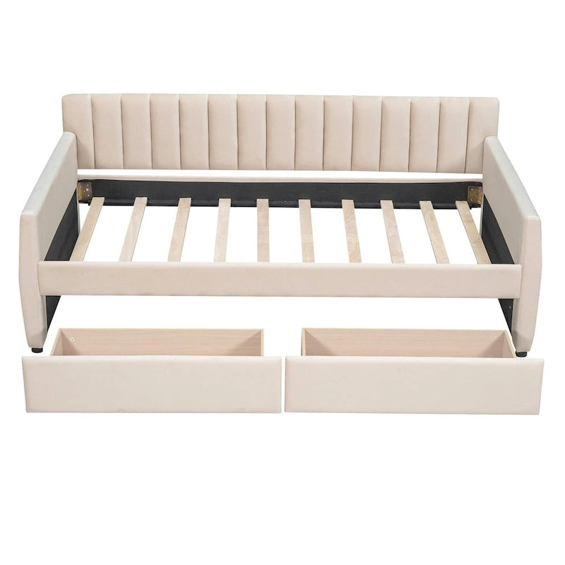 Lit de repos capitonné gris/beige avec 2 tiroirs – Jumeau/Double, 1-2 personnes