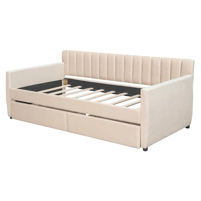 Lit de repos capitonné gris/beige avec 2 tiroirs – Jumeau/Double, 1-2 personnes