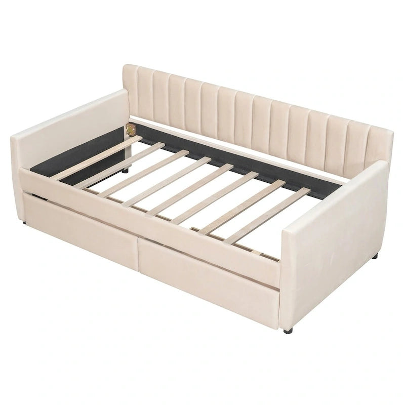 Lit de repos capitonné gris/beige avec 2 tiroirs – Jumeau/Double, 1-2 personnes