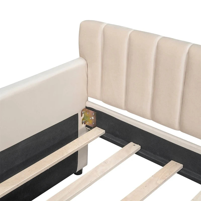 Lit de repos capitonné gris/beige avec 2 tiroirs – Jumeau/Double, 1-2 personnes