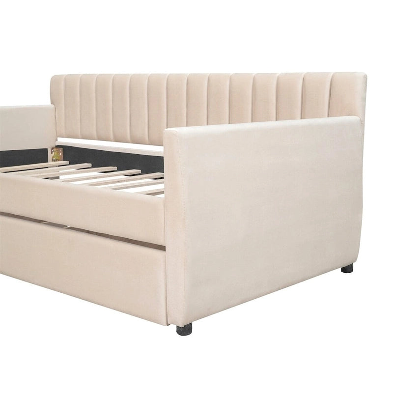 Lit de repos capitonné gris/beige avec 2 tiroirs – Jumeau/Double, 1-2 personnes