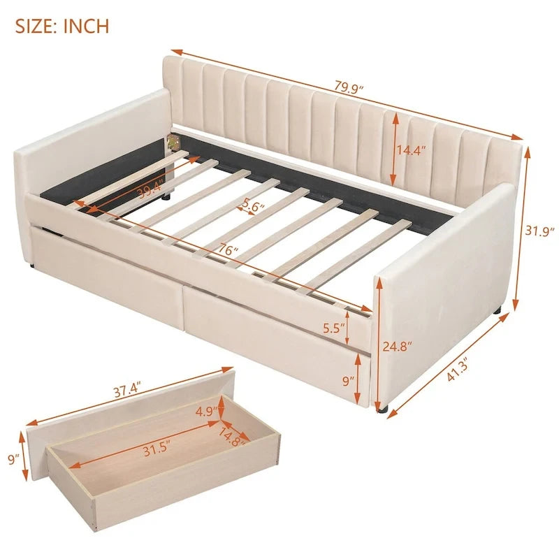 Lit de repos capitonné gris/beige avec 2 tiroirs – Jumeau/Double, 1-2 personnes