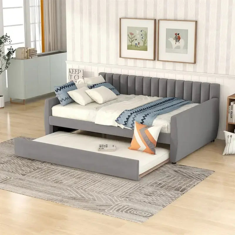 Lit de repos capitonné gris/beige avec 2 tiroirs – Jumeau/Double, 1-2 personnes