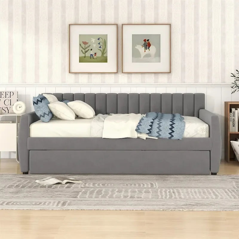 Lit de repos capitonné gris/beige avec 2 tiroirs – Jumeau/Double, 1-2 personnes