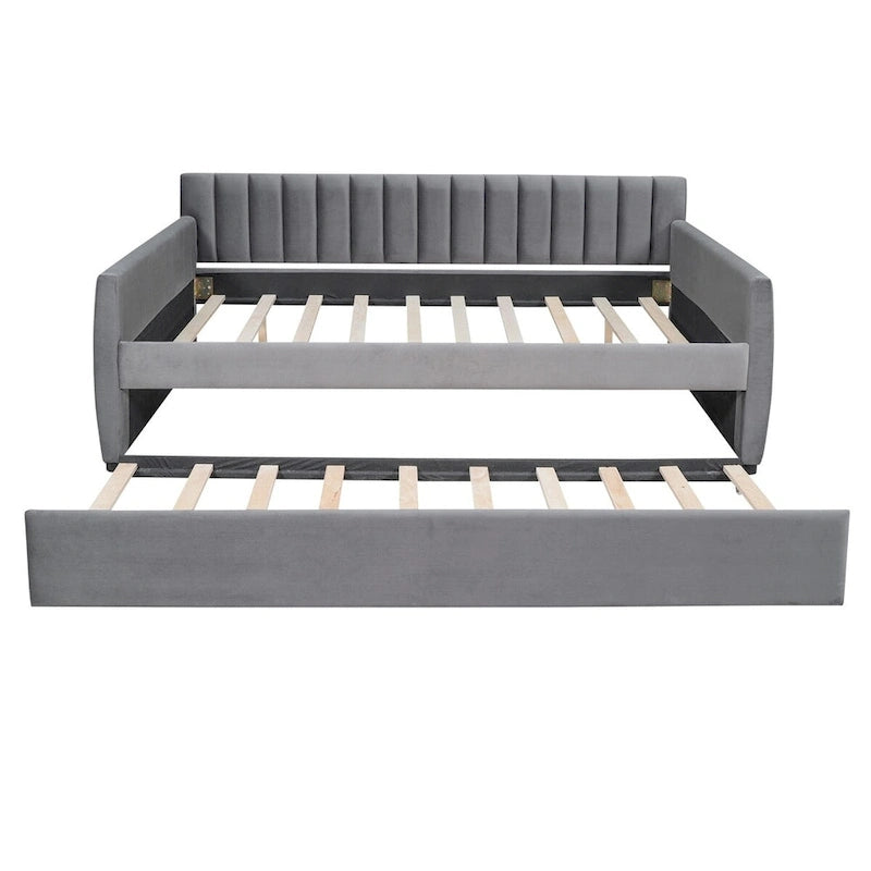 Lit de repos capitonné gris/beige avec 2 tiroirs – Jumeau/Double, 1-2 personnes