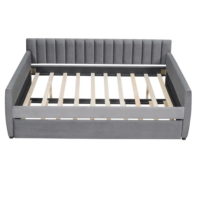 Lit de repos capitonné gris/beige avec 2 tiroirs – Jumeau/Double, 1-2 personnes