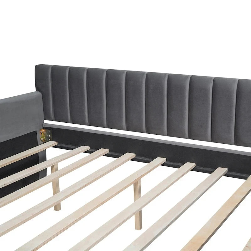 Lit de repos capitonné gris/beige avec 2 tiroirs – Jumeau/Double, 1-2 personnes