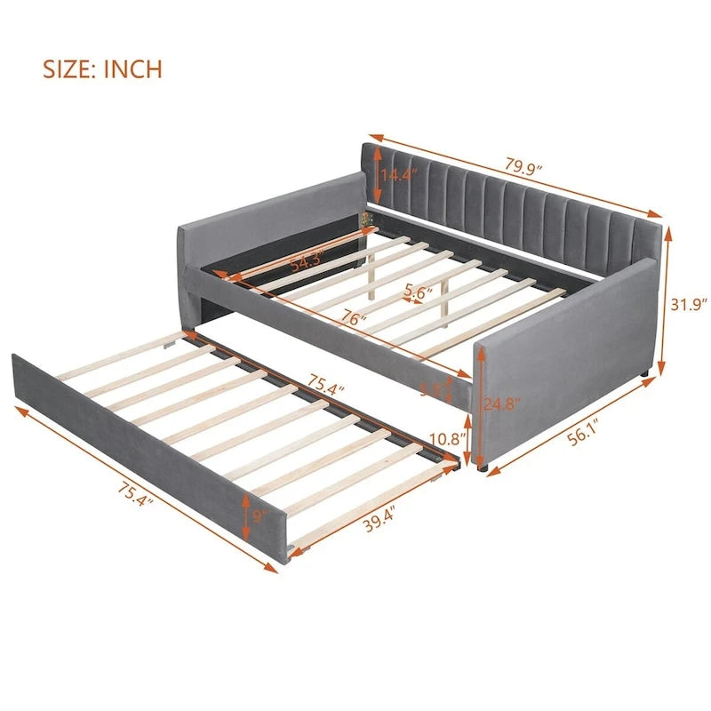Lit de repos capitonné gris/beige avec 2 tiroirs – Jumeau/Double, 1-2 personnes