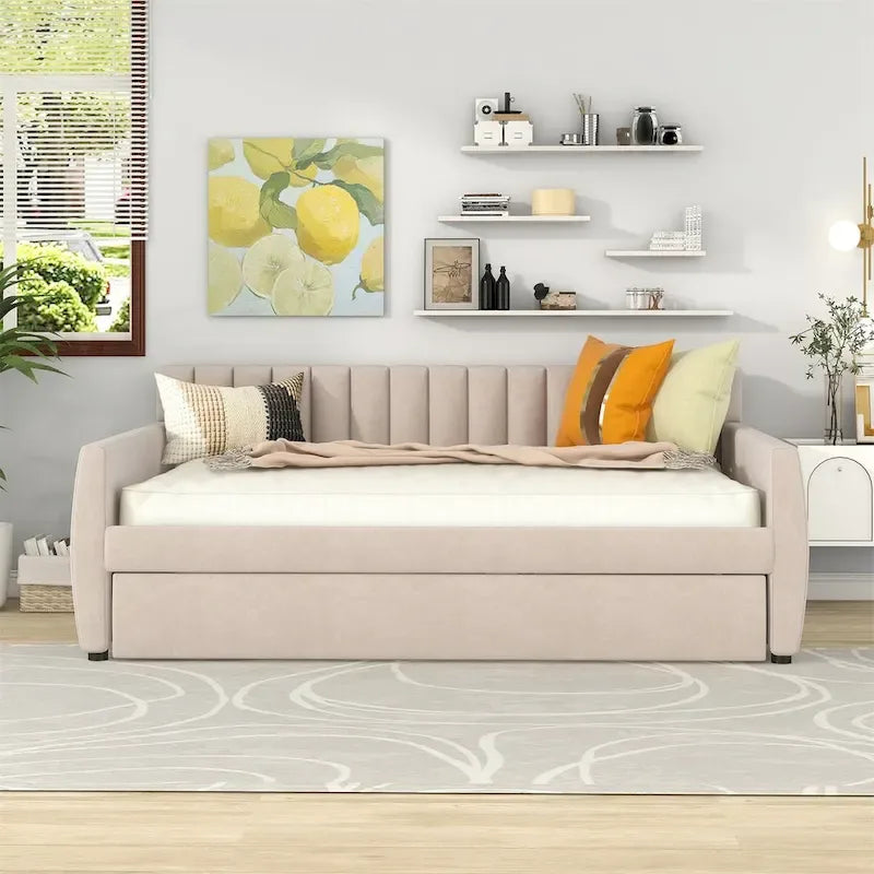 Lit de repos capitonné gris/beige avec 2 tiroirs – Jumeau/Double, 1-2 personnes
