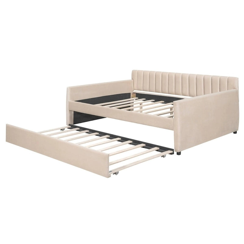 Lit de repos capitonné gris/beige avec 2 tiroirs – Jumeau/Double, 1-2 personnes