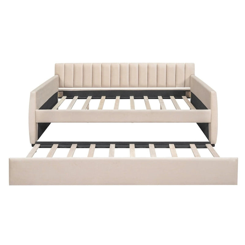 Lit de repos capitonné gris/beige avec 2 tiroirs – Jumeau/Double, 1-2 personnes