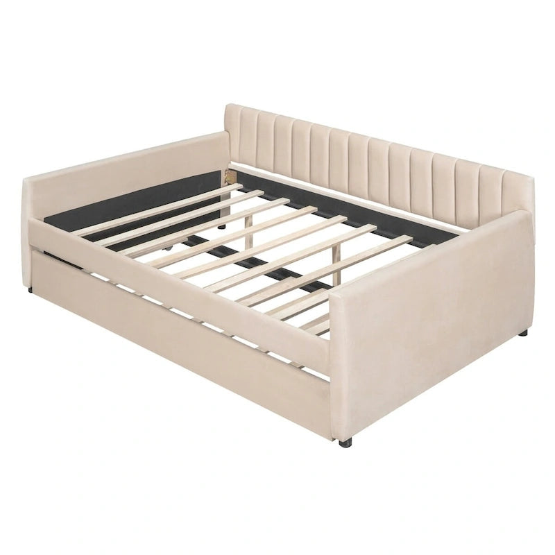 Lit de repos capitonné gris/beige avec 2 tiroirs – Jumeau/Double, 1-2 personnes