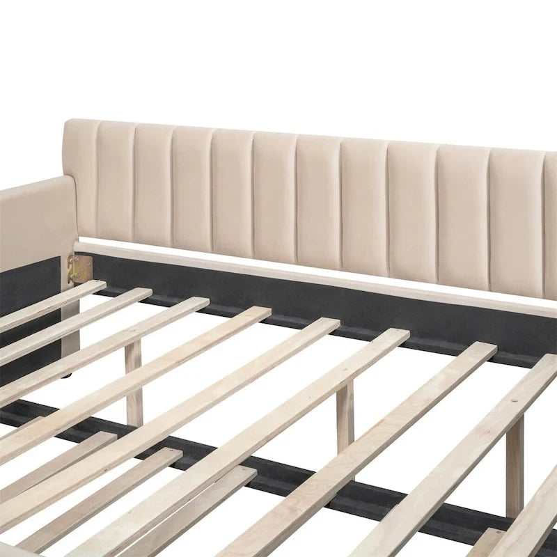 Lit de repos capitonné gris/beige avec 2 tiroirs – Jumeau/Double, 1-2 personnes