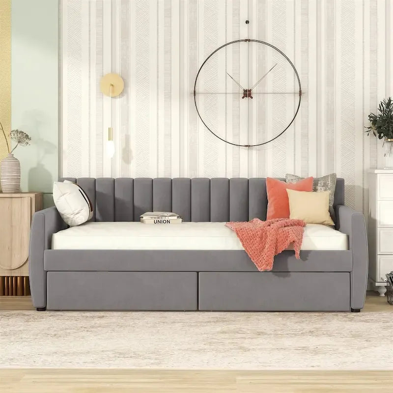 Lit de repos capitonné gris/beige avec 2 tiroirs – Jumeau/Double, 1-2 personnes