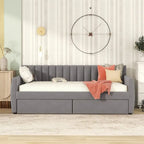 Lit de repos capitonné gris/beige avec 2 tiroirs – Jumeau/Double, 1-2 personnes