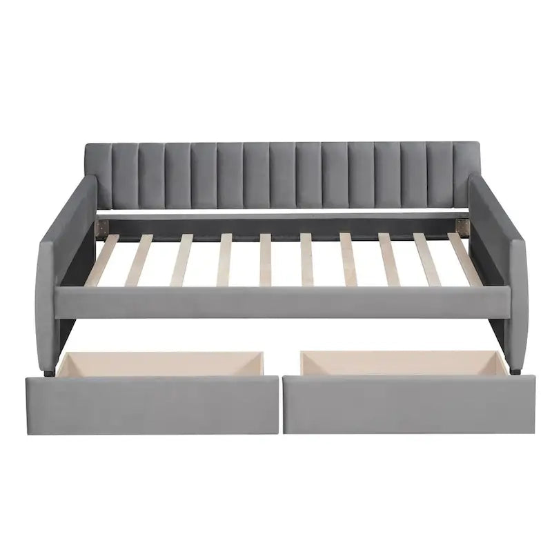 Lit de repos capitonné gris/beige avec 2 tiroirs – Jumeau/Double, 1-2 personnes