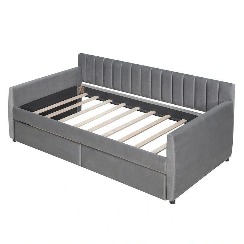 Lit de repos capitonné gris/beige avec 2 tiroirs – Jumeau/Double, 1-2 personnes