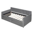 Lit de repos capitonné gris/beige avec 2 tiroirs – Jumeau/Double, 1-2 personnes