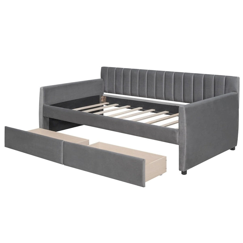 Lit de repos capitonné gris/beige avec 2 tiroirs – Jumeau/Double, 1-2 personnes