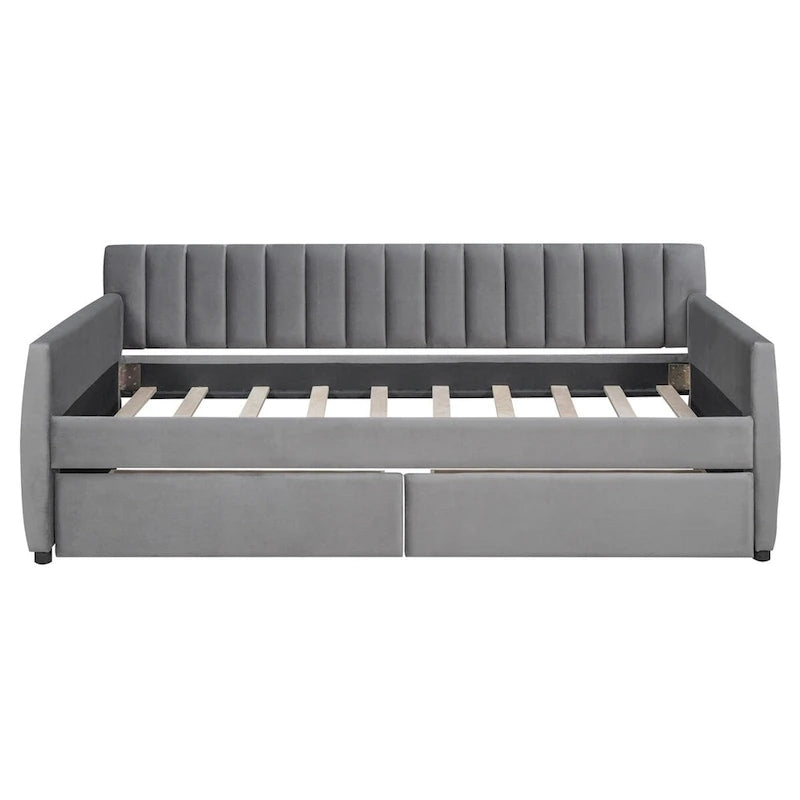 Lit de repos capitonné gris/beige avec 2 tiroirs – Jumeau/Double, 1-2 personnes