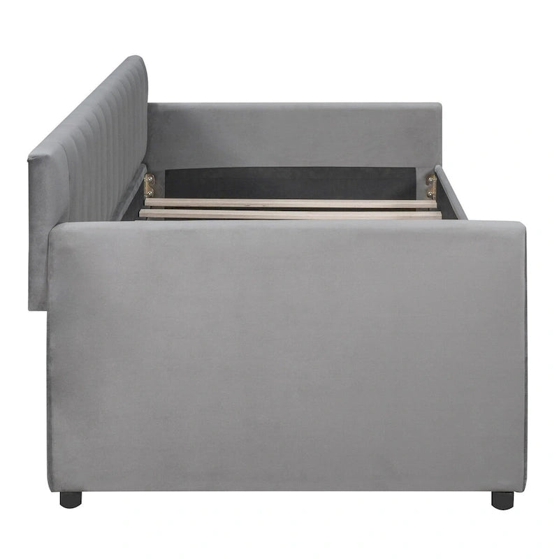 Lit de repos capitonné gris/beige avec 2 tiroirs – Jumeau/Double, 1-2 personnes