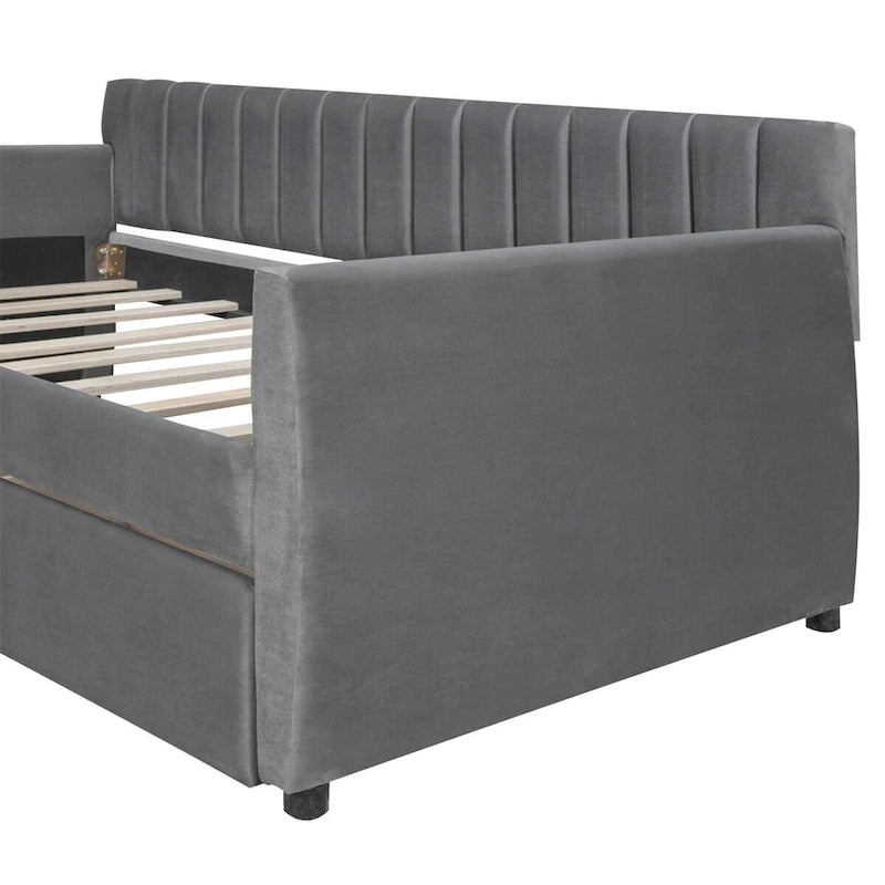 Lit de repos capitonné gris/beige avec 2 tiroirs – Jumeau/Double, 1-2 personnes
