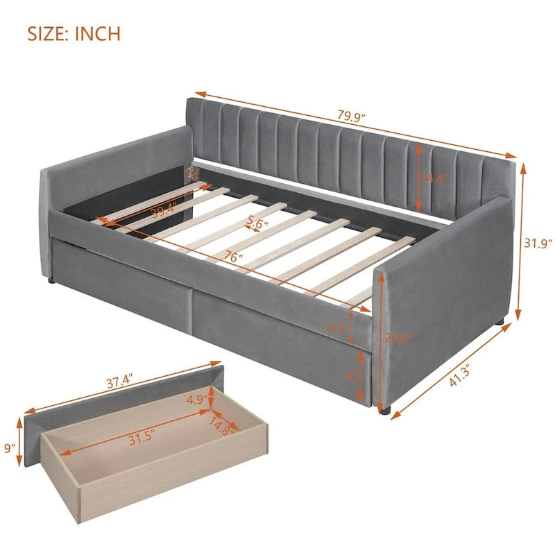 Lit de repos capitonné gris/beige avec 2 tiroirs – Jumeau/Double, 1-2 personnes