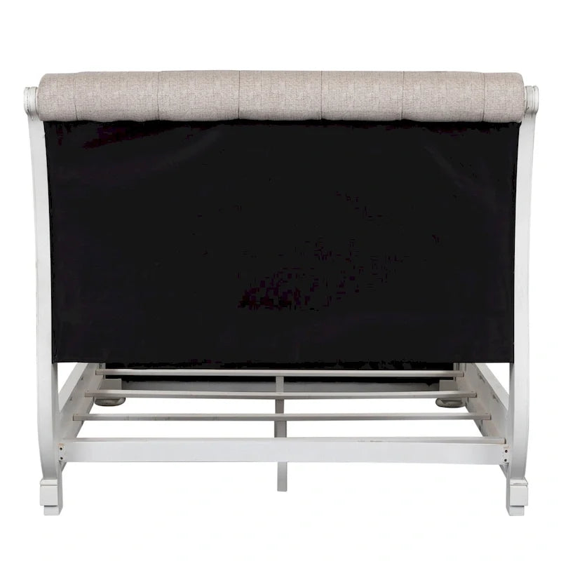 Ensemble lit traîneau capitonné, commode et miroir Magnolia Manor blanc antique et écorce patinée