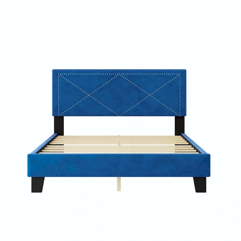 Cadre de lit Queen Size rembourré simple avec design à rivets, lit plateforme moderne en velours avec tête de lit