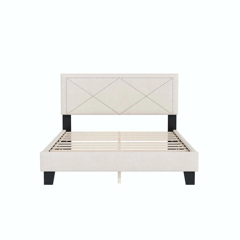 Cadre de lit Queen Size rembourré simple avec design à rivets, lit plateforme moderne en velours avec tête de lit