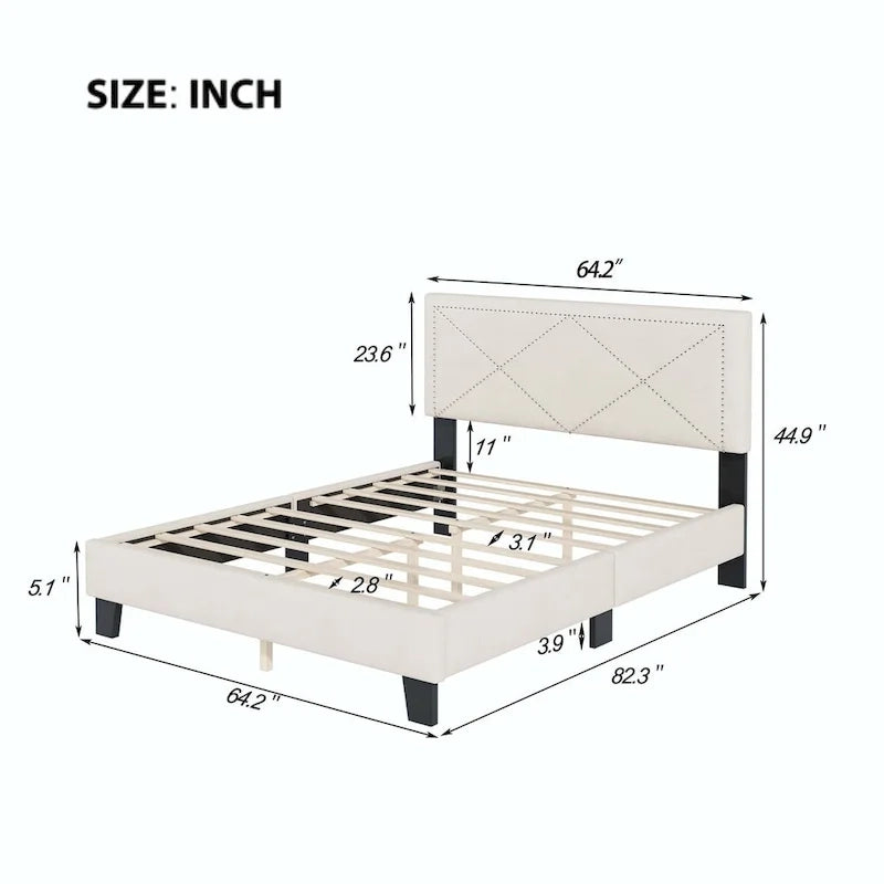 Cadre de lit Queen Size rembourré simple avec design à rivets, lit plateforme moderne en velours avec tête de lit