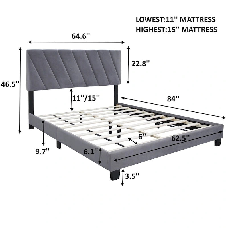 Lit plateforme rembourré gris Queen avec tête de lit réglable, pour 1-2 personnes