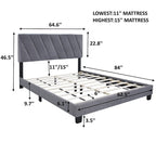 Lit plateforme rembourré gris Queen avec tête de lit réglable, pour 1-2 personnes