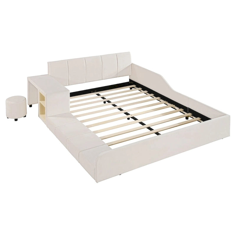 Lit double rembourré au sol, lit mère-enfant avec bureau de chevet et petit tabouret rond, velours