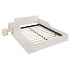 Lit double rembourré au sol, lit mère-enfant avec bureau de chevet et petit tabouret rond, velours