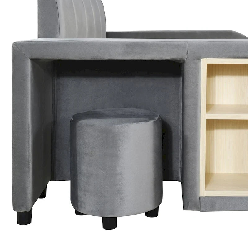 Lit double rembourré au sol, lit mère-enfant avec bureau de chevet et petit tabouret rond, velours