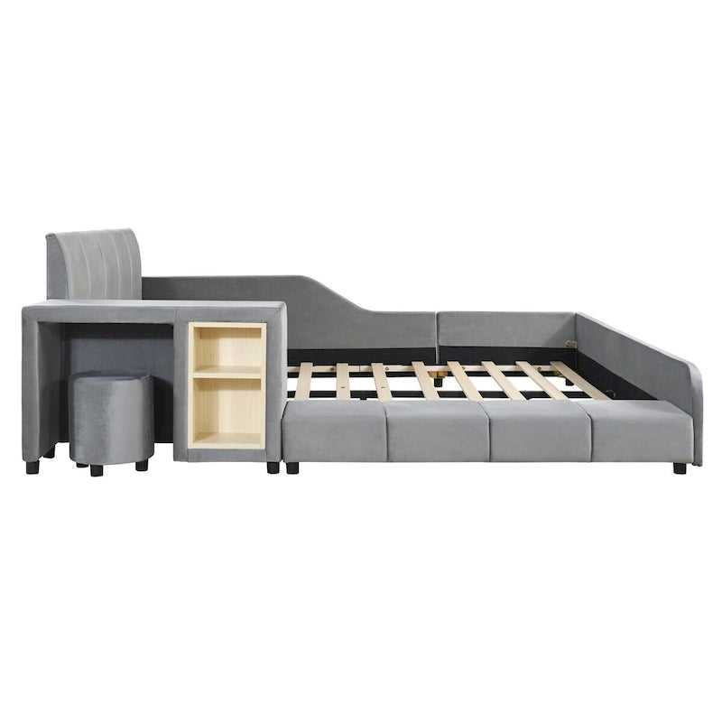 Lit double rembourré au sol, lit mère-enfant avec bureau de chevet et petit tabouret rond, velours